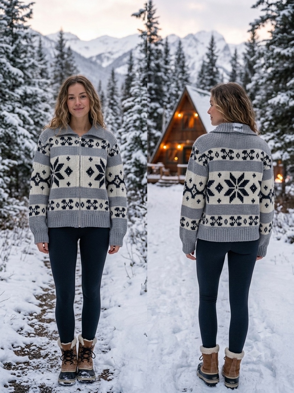 Nordic Snowflake Cowl-Neck Zip Cozy Thick Winter Preppy Sweater SZ M